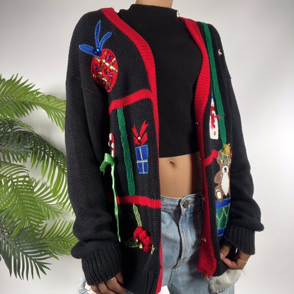 Vintage 90s Black Holiday Grandmacore Ugly Christmas Sweater Knit Cardigan / L - Picture 4 of 8